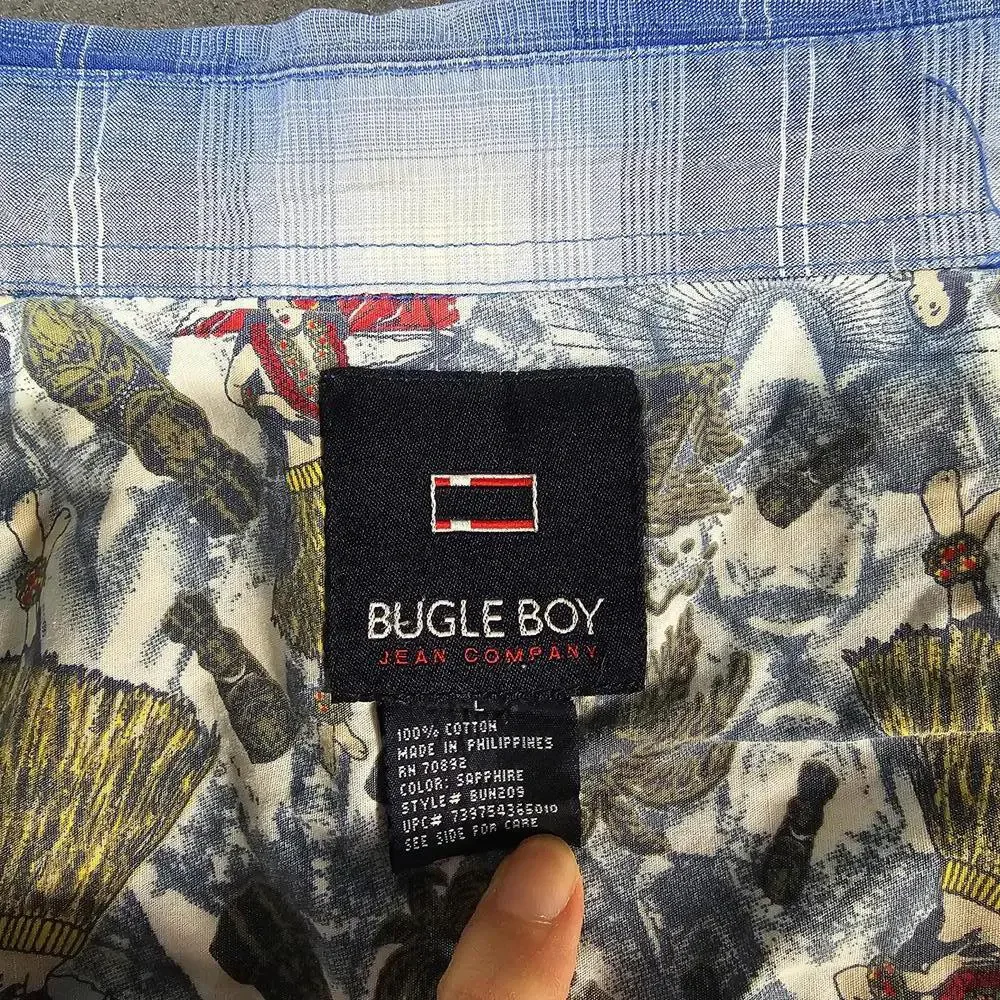 VTG Bugle Boy Hawaiian Shirt L Blue Floral Short Sleeve Y2K 1990s Shell Button - Picture 2 of 13